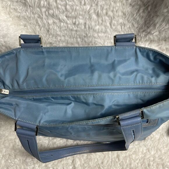 Tumi Blue Nylon large tote with leather trims and straps silver tone hardwares. - Picture 3 of 10